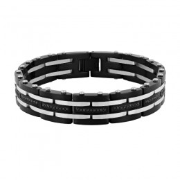 White and Black Stainless Steel Link Bracelet with Black Diamonds