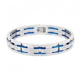 Blue Accented Stainless Steel Link Bracelet with White Diamonds
