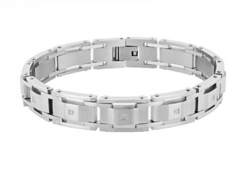 A men's white stainless steel link bracelet with diamond accents
