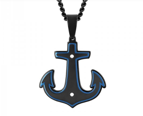 A black and blue stainless steel men's pendant in the shape of an anchor