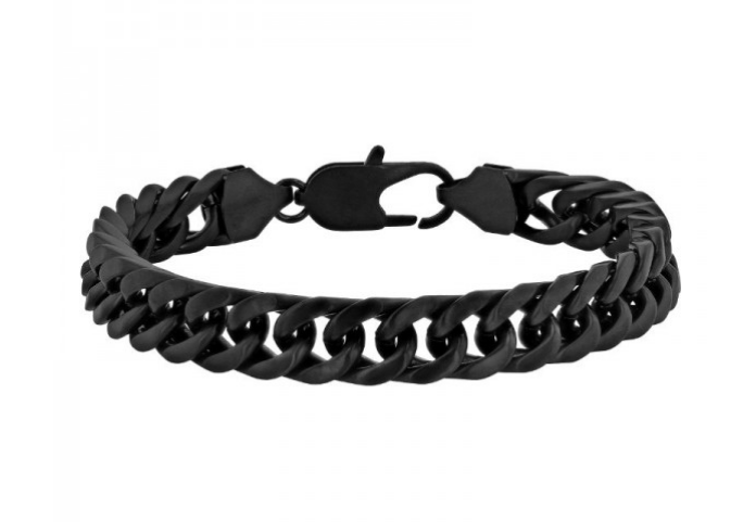A black men's curb link chain bracelet against a white background