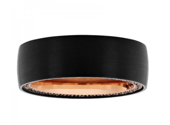 A black tungsten men's band with black diamonds against a white background