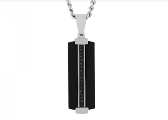 A unique men's dog tag pendant studded with black diamonds