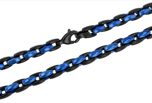 A blue and black stainless steel men's oval link chain necklace