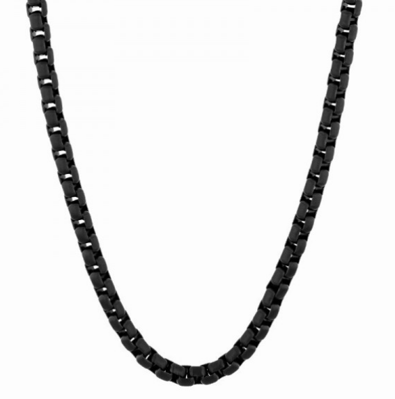 A black men's box link chain necklace on a white background